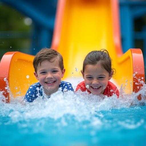 Uśmiechnięte dzieci na kolorowej zjeżdżalni