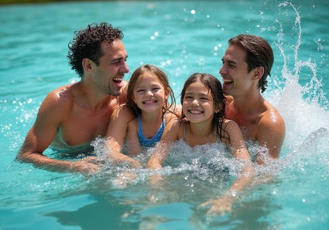 Rodzina bawiąca się w basenie z falami